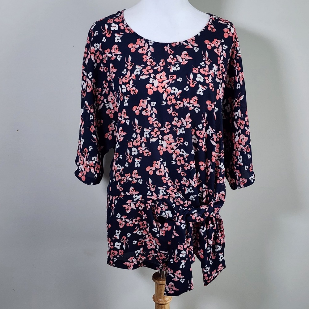 Le Chateau Floral Tie Waist Top Womens Medium Navy Pink Cottagecore Blouse Flowy